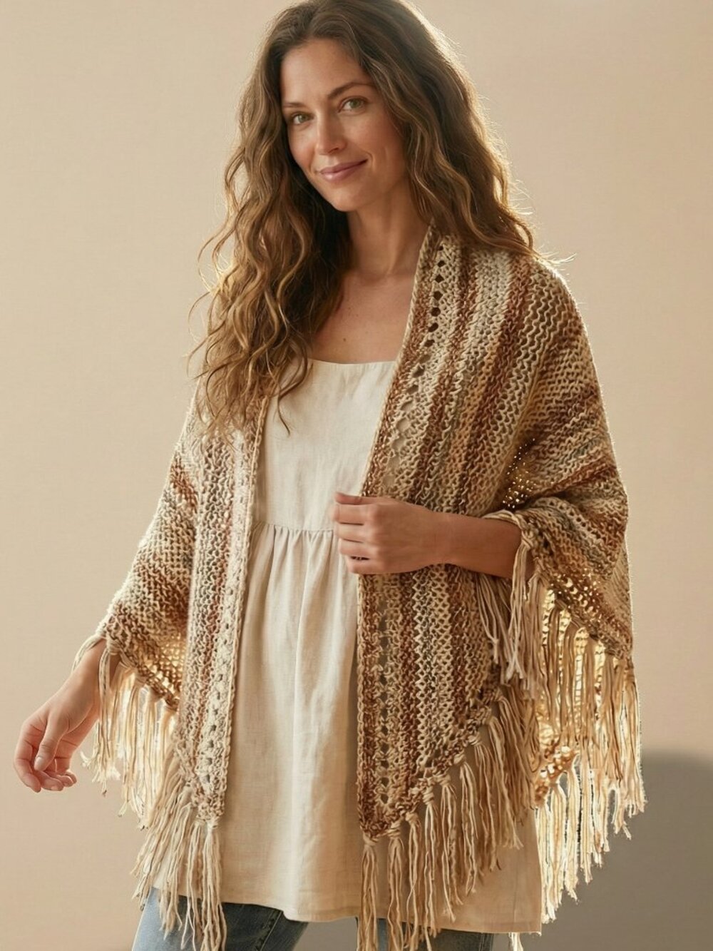 NEW Cream Brown Hand Knitted Shawl Wrap Scarf Boho Hippie Fringe Artsy Cottage